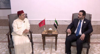 Moroccan Foreign Minister, Nasser Bourita (left), meeting with Syrian Foreign Minister, Asaad Al-Shaibani, in Baghdad, May 2025