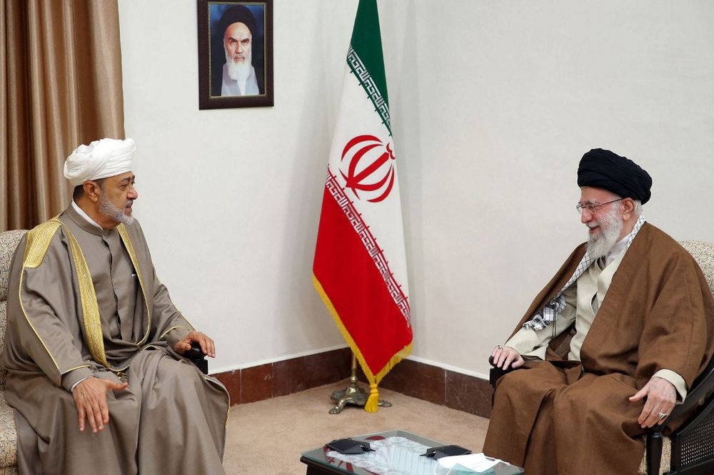 Iran's Supreme Leader Ayatollah Ali Khamenei shows him (R) during a meeting with Oman's Sultan Haitham bin Tariq al-Said in Tehran, Iran.