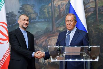 Russian Foreign Minister Sergei Lavrov (R) and his Iranian counterpart Hossein Amir-Abdollahian during a joint news conference in Moscow, on August 31, 2022.