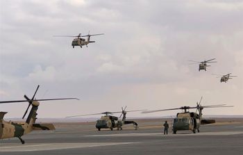 AP Photo/Muntasser Akour) Black Hawk helicopters were featured in a hostage rescue drill at a Jordanian military base near the town of Zarqa, Jordan, Sunday, Jan. 28, 2018. Jordan marked the delivery of 12 U.S. Black Hawk helicopters over the past nine months with a military ceremony, including a drill and a flyover.