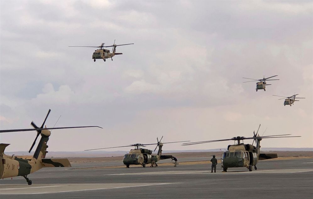 AP Photo/Muntasser Akour) Black Hawk helicopters were featured in a hostage rescue drill at a Jordanian military base near the town of Zarqa, Jordan, Sunday, Jan. 28, 2018. Jordan marked the delivery of 12 U.S. Black Hawk helicopters over the past nine months with a military ceremony, including a drill and a flyover.