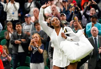 Serena Williams waves as she leaves the court after a match of the Wimbledon tennis championships in London, England, on June 28, 2022.