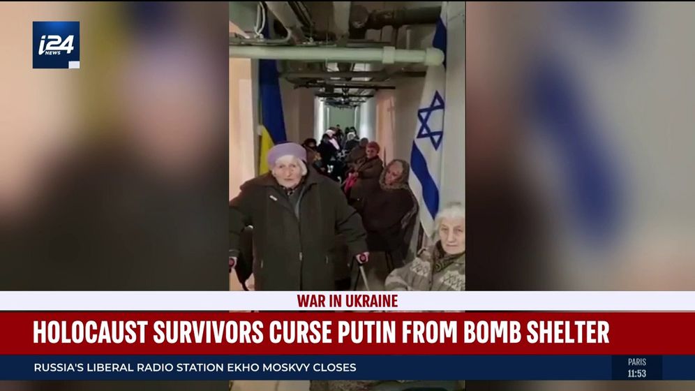 A group of Holocaust survivors speak from a bomb shelter in Kyiv, Ukraine, on February 24, 2022.