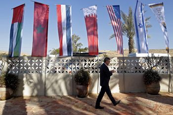 Flags set up during Israel's Negev Summit attended by the foreign ministers of Israel, Egypt, Bahrain, the UAE, Morocco, and the United States at Sde Boker in the southern Negev desert, Israel, on March 28, 2022.