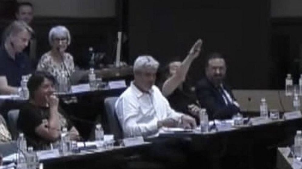 Screenshot X / Ville de Perpignan Annabelle Brunet, élue de l'opposition de gauche effectue un salut nazi en plein conseil municipal à Perpignan
