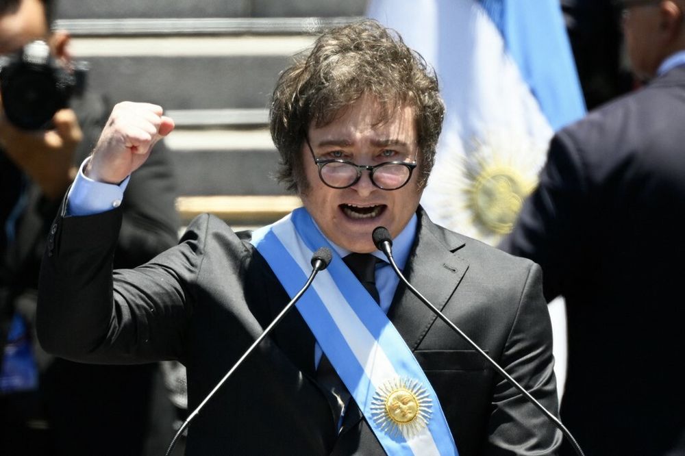 New president Javier Milei gives a speech during his swearing-in ceremony on the steps of Congress, in Buenos Aires, Argentina.