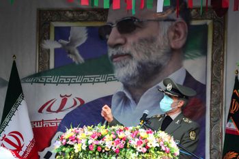 Iranian Defense Ministry, Defense Minister Gen. Amir Hatami speaks during a funeral ceremony for Mohsen Fakhrizadeh, in Tehran, Iran, Monday, Nov. 30, 2020