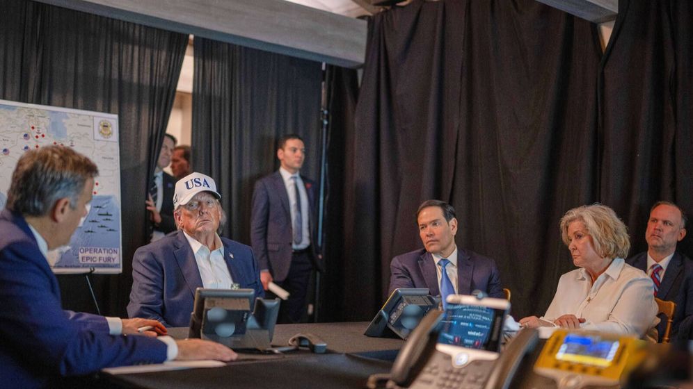 President Donald Trump talks with CIA Director John Ratcliffe, left, Secretary of State Marco Rubio, and White House chief of staff Susie Wiles at Mar-a-Lago in Palm Beach, Fla., during Operation Epic Fury on Saturday, Feb. 28, 2026
