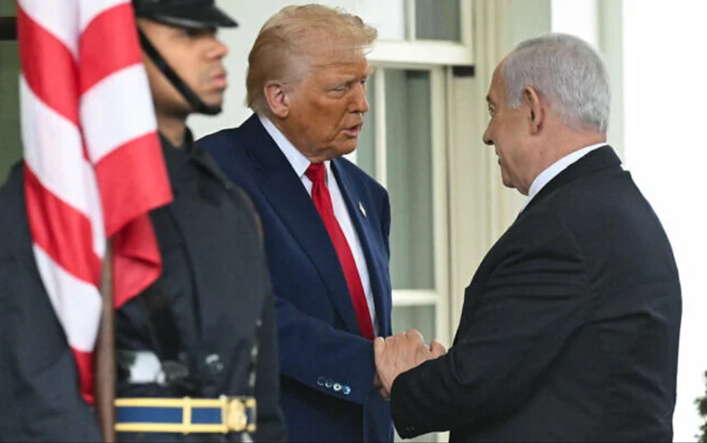 U.S. President Donald Trump welcomes Israeli PM Benjamin Netanyahu to the White House on April 7, 2025.