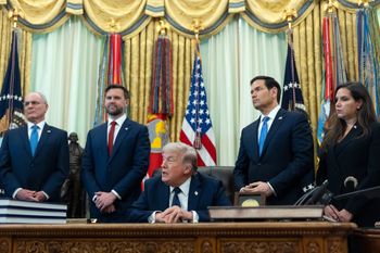 (AP Photo/Mark Schiefelbein) From left, Israeli Ambassador to the U.S. Yechiel Leiter, Vice President JD Vance, Secretary of State Marco Rubio, and Lebanese Ambassador to the U.S. Nada Hamadeh Moawad, listen to President Donald Trump speak in the Oval Office at the White House, Thursday, April 23, 2026, in Washington.