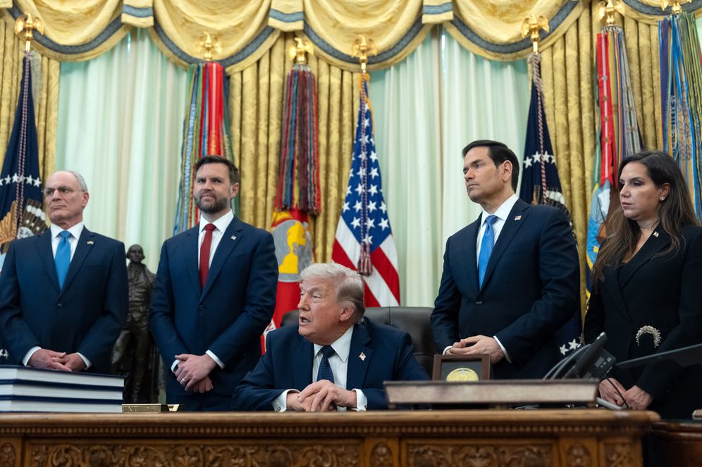 (AP Photo/Mark Schiefelbein) From left, Israeli Ambassador to the U.S. Yechiel Leiter, Vice President JD Vance, Secretary of State Marco Rubio, and Lebanese Ambassador to the U.S. Nada Hamadeh Moawad, listen to President Donald Trump speak in the Oval Office at the White House, Thursday, April 23, 2026, in Washington.