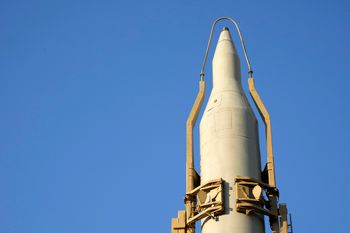 FILE - Sejjil missile is displayed in an exhibition by the Iranian army and paramilitary Revolutionary Guard in downtown Tehran, Iran.