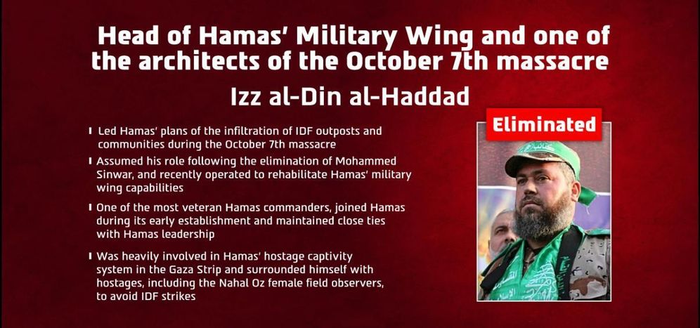 IDF confirms the elimination of Izz al-Din al-Haddad