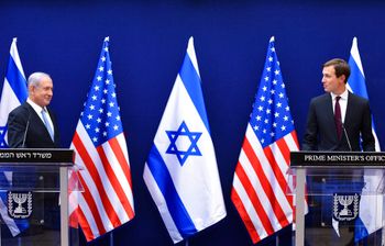 (Debbie Hill/Pool Photo via AP) Israeli Prime Minister Benjamin Netanyahu, left, and White House adviser Jared Kushner make joint statements to the press about the Israeli-United Arab Emirates peace accords, in Jerusalem, Sunday, Aug. 30, 2020