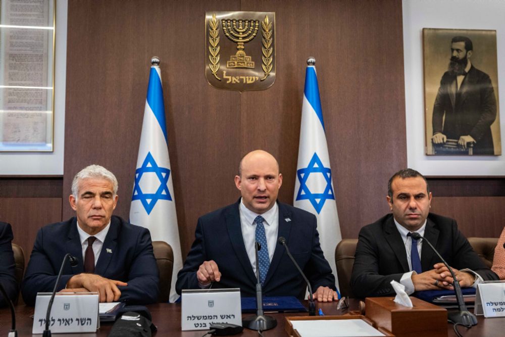 Israeli Prime Minister Naftali Bennett leads a cabinet meeting at the Prime Minister's Office in Jerusalem on May 8, 2022.
