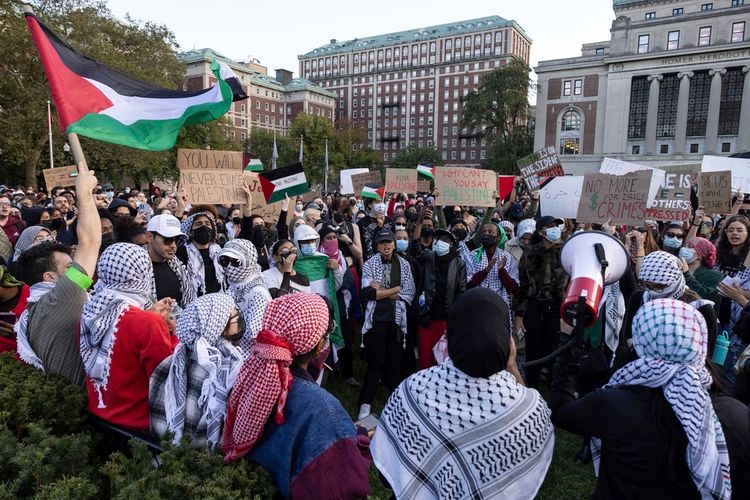 Manifestants pro-palestiniens rassemblés pour une manifestation à l'université Columbia à New York, en octobre 2023.