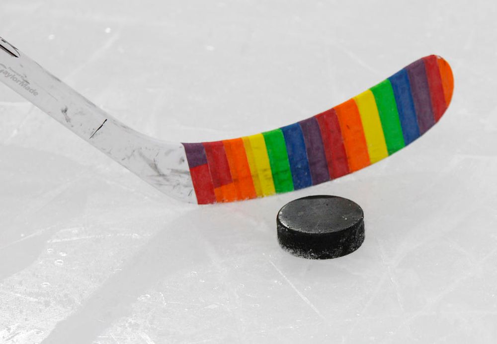 The Buffalo Sabres and San Jose Sharks wrap sticks in pride tape to support the LGBT community during the first period of an NHL hockey game in Buffalo, United States.