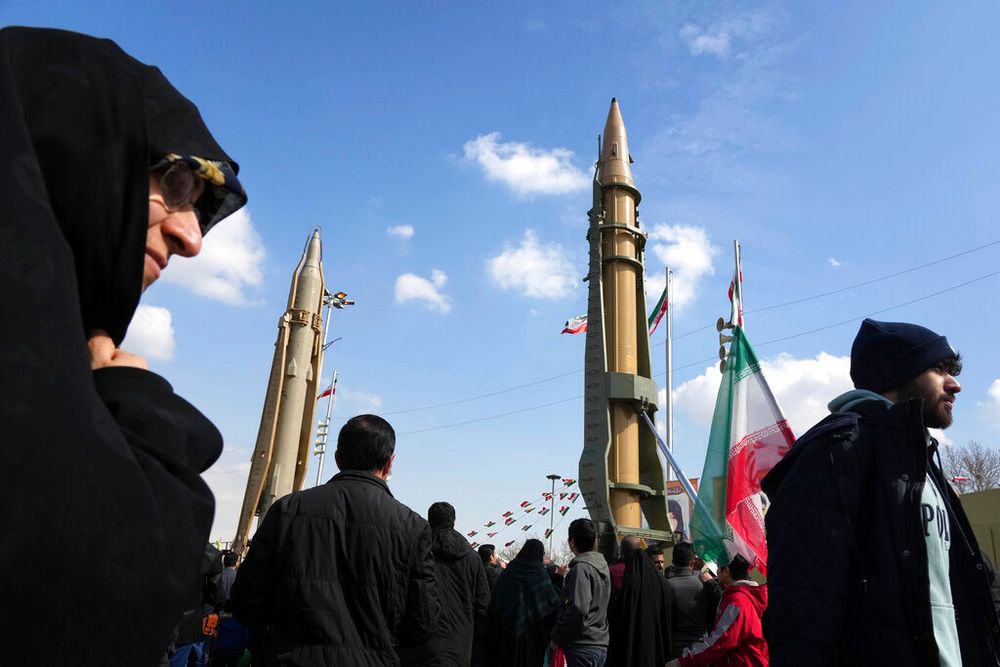 Iran's domestically built missiles are displayed during the annual rally commemorating Iran's 1979 Islamic Revolution, in Tehran, Iran.