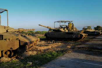 Israeli soldiers seen at a staging area near the border with Syria, northern Israel.