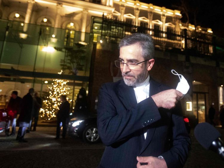 Iran's chief nuclear negotiator Ali Bagheri Kani in front of the Palais Coburg, venue of talks on the Iran nuclear deal, in Vienna, Austria on December 27, 2021.