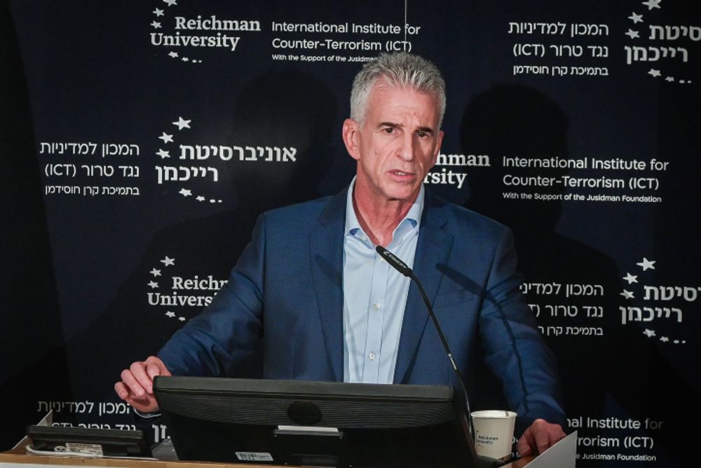 Mossad Director David Barnea speaks during a Conference of the Institute for National Security Studies (INSS), in Tel Aviv, on September 10, 2023.