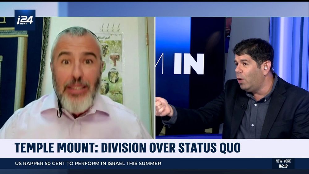 Rabbi Yishai Fleisher, International Spokesperson, Jewish Community in Hebron (L), debates Yariv Oppenheimer, Project Director, Two State Coalition, Geneva Initiative, April 25, 2022.