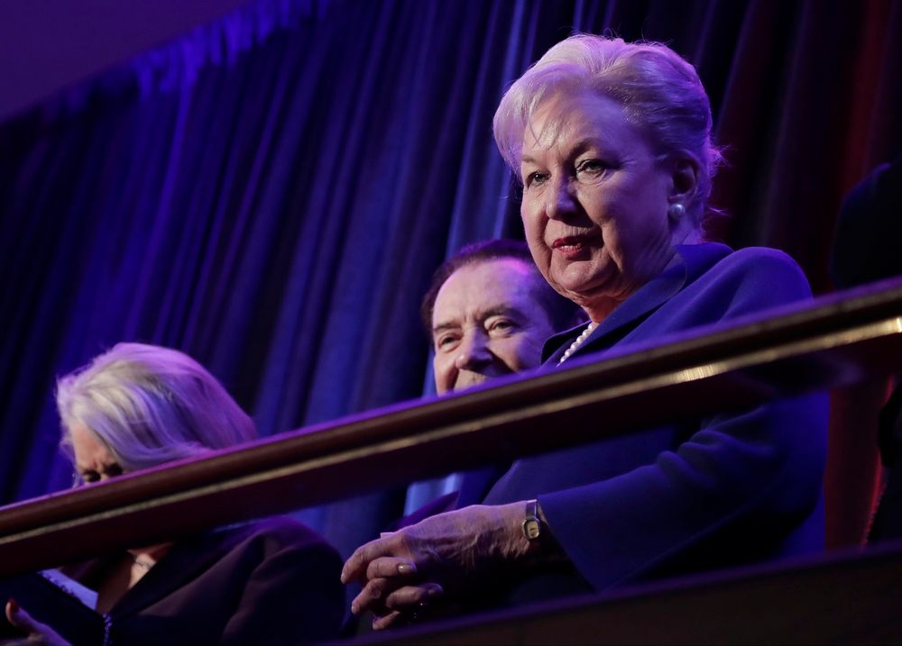 FILE - Federal judge Maryanne Trump Barry, older sister of US President Donald Trump, sits in the balcony during Trump's election night rally in New York, on Nov. 9, 2016.