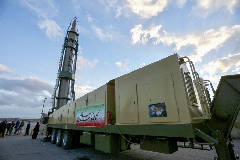 An Iranian long-range Ghadr missile displaying "Down with Israel" in Hebrew at a defense exhibition in the city of Isfahan, Iran.