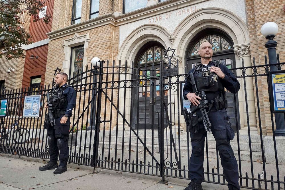 Police officers outside the United Synagogue of Hoboken in New Jersey, the United States, on November 3, 2022.