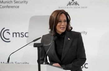 U.S. Vice President Kamala Harris speaks at the Munich Security Conference in Munich, Germany.