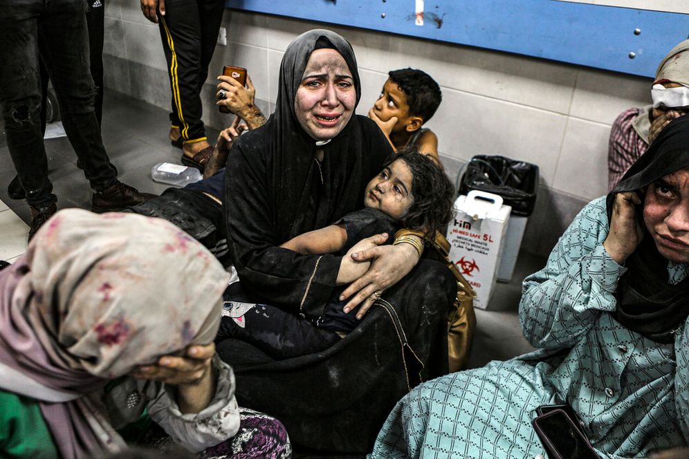 AP Photo/Abed Khaled Wounded Palestinians in al-Shifa hospital in Gaza City, after arriving from al-Ahli hospital following an explosion there, Tuesday, Oct. 17, 2023.
