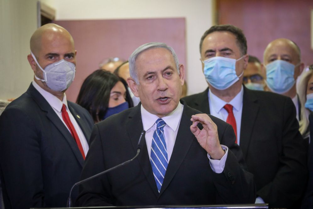 Israel's Prime Minister Benjamin Netanyahu gives a press conference before the start of his trial before the Jerusalem District Court. May 24, 2020