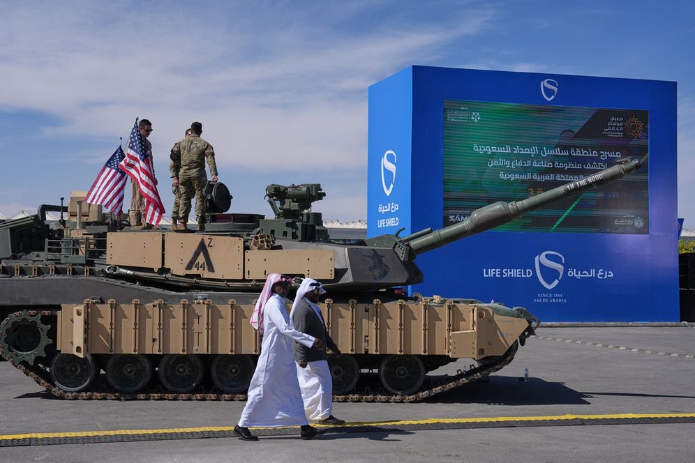 AP Photo/Baraa Anwer U.S. soldiers stand atop a military tank displayed at the World Defense Show in Riyadh, Saudi Arabia, Sunday, Feb. 8, 2026