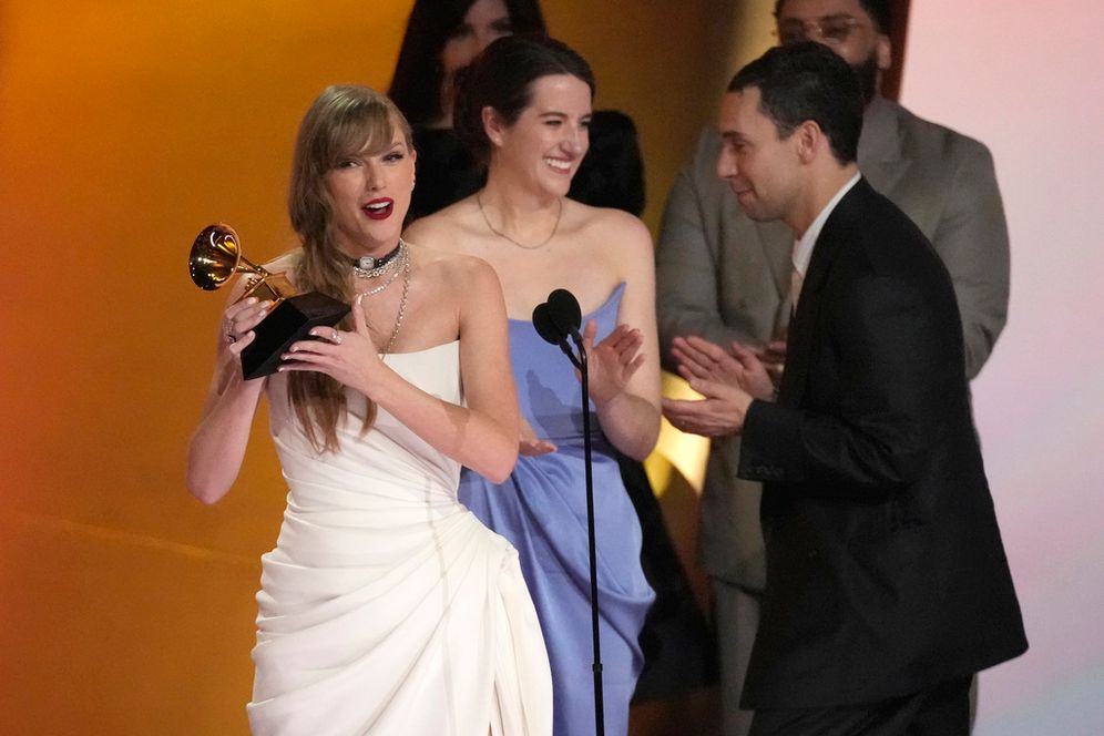 Taylor Swift accepts the award for album of the year for "MIdnights" during the 66th annual Grammy Awards in Los Angeles, California, United States.