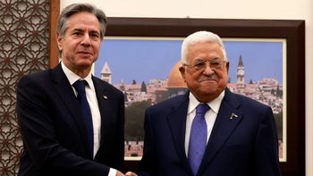 US Secretary of State, Antony Blinken, left, meets with Palestinian president Mahmud Abbas, right, in Ramallah in the Israeli-occupied West Bank on Wednesday, Jan. 10, 2024, during his week-long trip aimed at calming tensions across the Middle East.