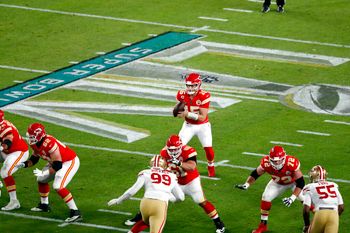 Kansas City Chiefs quarterback Patrick Mahomes (15) drops back with the ball during the NFL Super Bowl 54 football game between the San Francisco 49ers and Kansas City Chiefs Sunday, Feb. 2, 2020, in Miami Gardens, Fla.