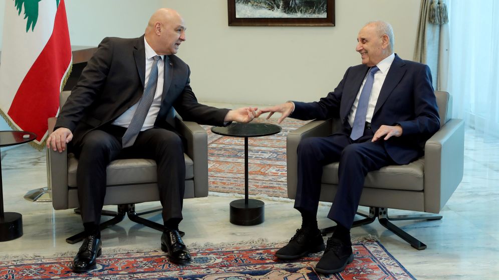 Lebanese press office via AP Lebanese President Joseph Aoun with Amal's Nabih Berri
