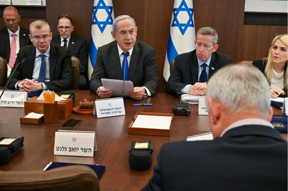 Prime Minister Netanyahu speaks at the start of the weekly cabinet meeting, on April 7, 2024.