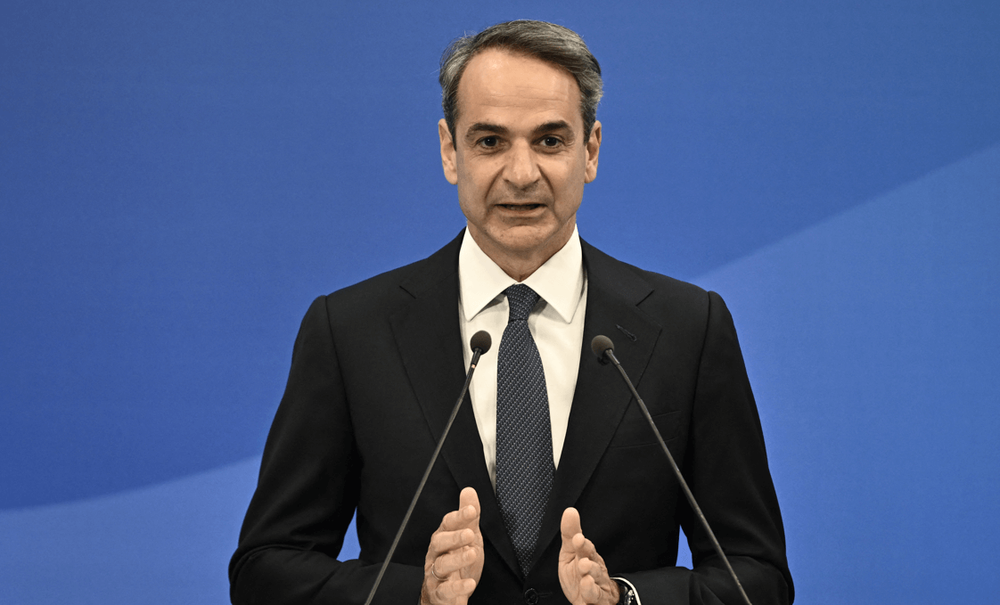 Greece's Prime Minister and leader of the New Democracy party, Kyriakos Mitsotakis, delivers a speech after his party's election victory in Athens.