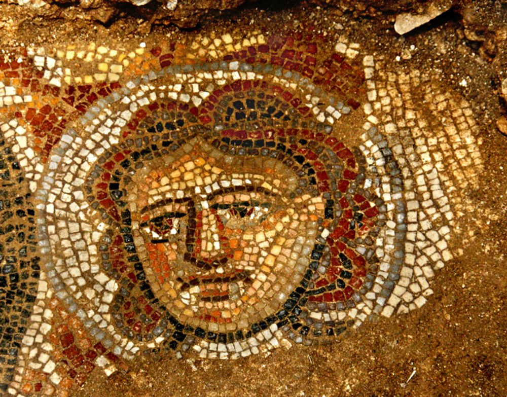 Female face in Huqoq mosaic. A monumental synagogue building dating to the Late Roman period (ca. 4th-5th centuries C.E.) has been discovered in archaeological excavations at Huqoq in Israel's Galilee.