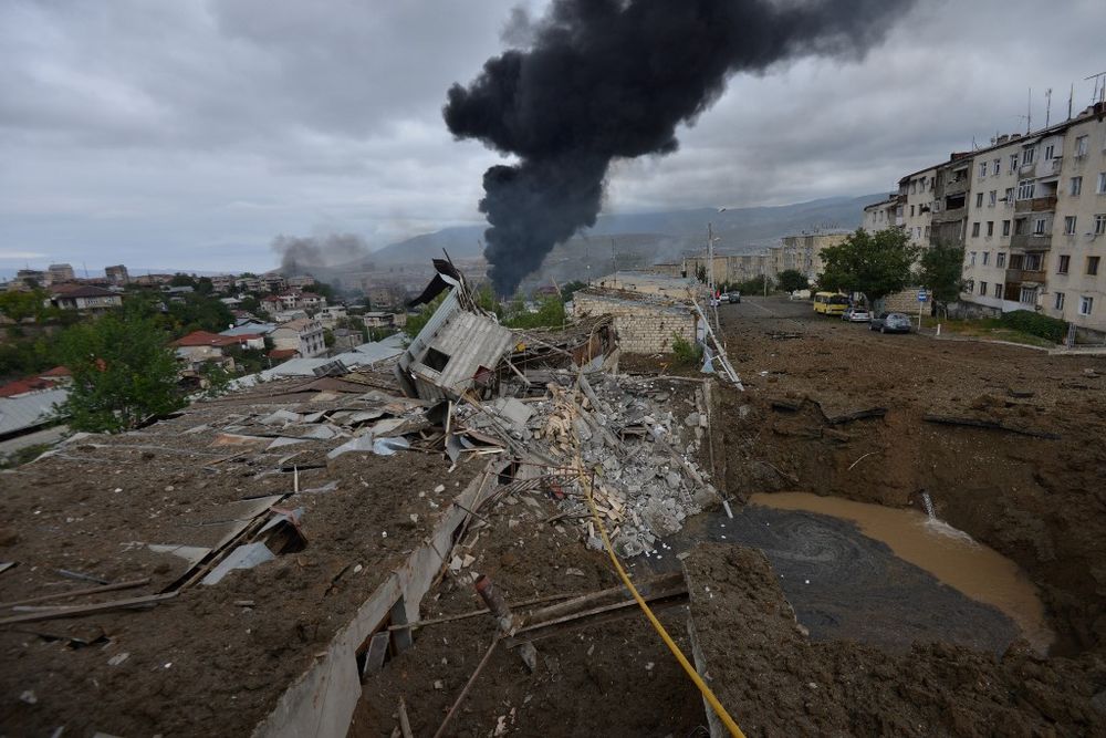 A view of the aftermath of shelling during the ongoing fighting between Armenia and Azerbaijan over the breakaway Nagorno-Karabakh region, in the disputed region's main city of Stepanakert on October 4, 2020.