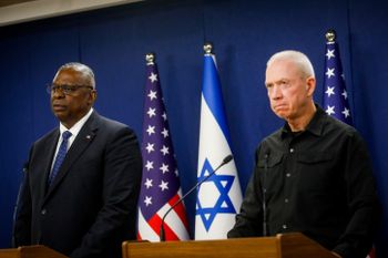 U.S. Secretary of Defense Lloyd Austin and Israeli Defense Minister Yoav Gallant hold a joint statement in Tel Aviv, Israel.