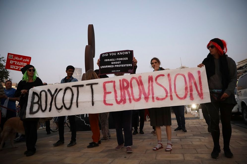Peace activists call for lifting the Gaza blockade and to boycott the ongoing Eurovision Song Contest in Tel Aviv, Israel, Tuesday, May 14, 2019