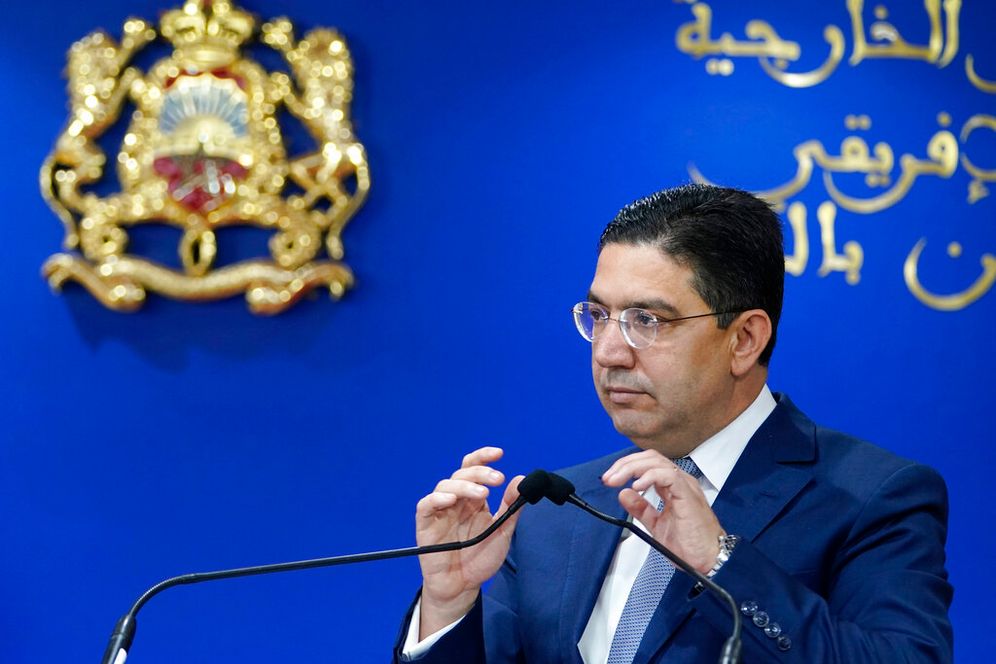 وزير الخارجية المغربي ناصر بوريطة يتحدث خلال مؤتمر صحفي مع وزير الخارجية الأمريكي أنطوني بلينكين ، في وزارة الخارجية بالرباط ، المغرب ، الثلاثاء 29 مارس 2022.