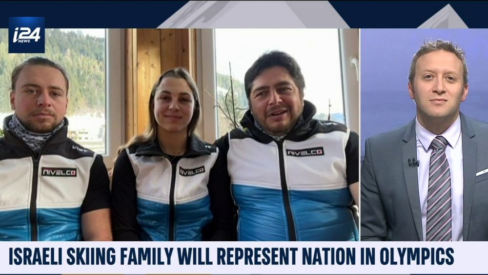 i24NEWS anchor Jeff Smith speaks with the Israeli Szollos family - Benjamin (L), Noa (M), and their father Peter - about their training for the upcoming 2022 Beijing Olympics, in a screen grab taken on December 13, 2021.