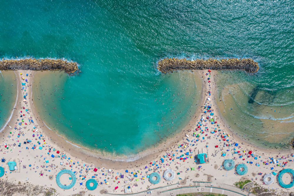 An areal view of the beach in the Mediterranean coastal city of Ashkelon, Israel, on June 1, 2019.