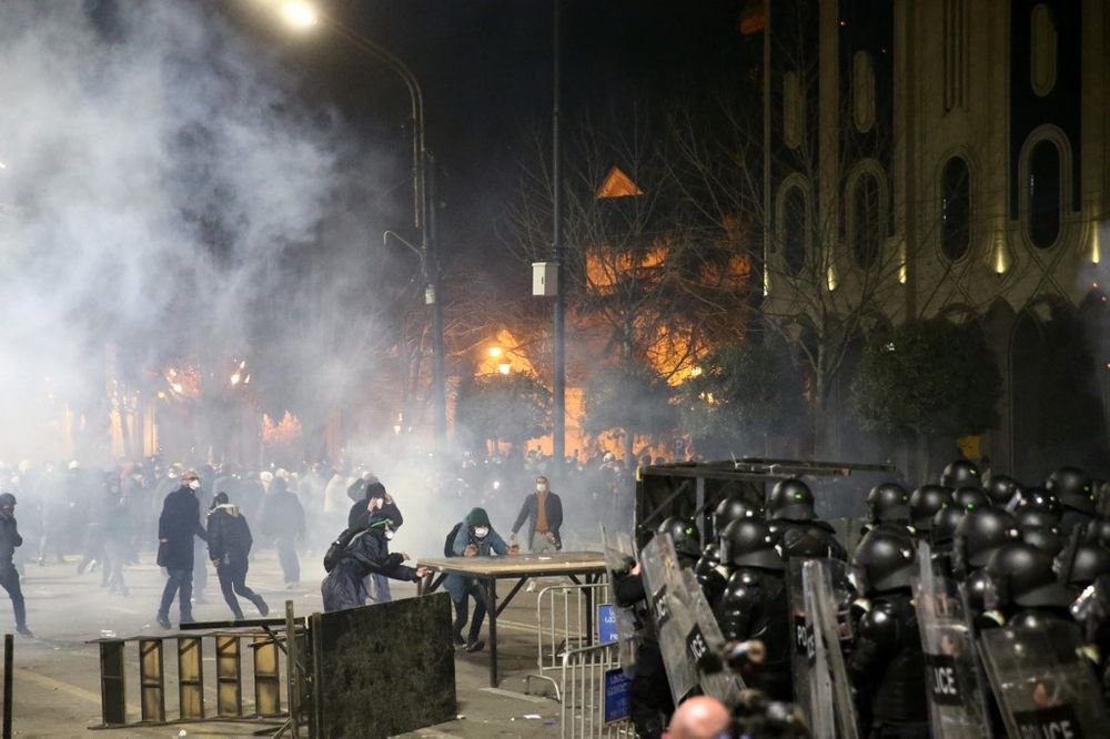 Protesters clash with police in Tbilisi, Georgia.