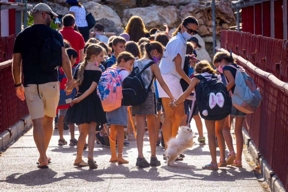 Israeli children make their way to Karamim School in Jerusalem on the first day of the new school year, September 1, 2021.
