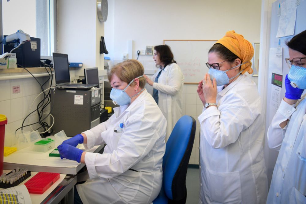 Les membres de l'équipe médicale de l'hôpital Barzilay, dans la ville d'Ashkelon, dans le sud d'Israël, manipulent un échantillon de test de Coronavirus, le 29 mars 2020