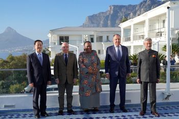 (L-R) Foreign Ministers from China, Brazil, South Africa, Russia, and India in Cape Town, South Africa for a BRICS meeting.